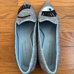 Chiara Ferragni Flirting Eyes Wink Silver Sequin Embellished Loafer Flats